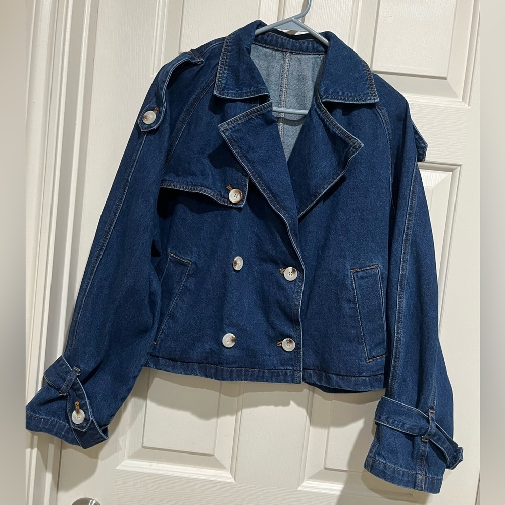 Dark Blue Double-Breasted CROPPED Denim Jacket WOMEN SIZE L